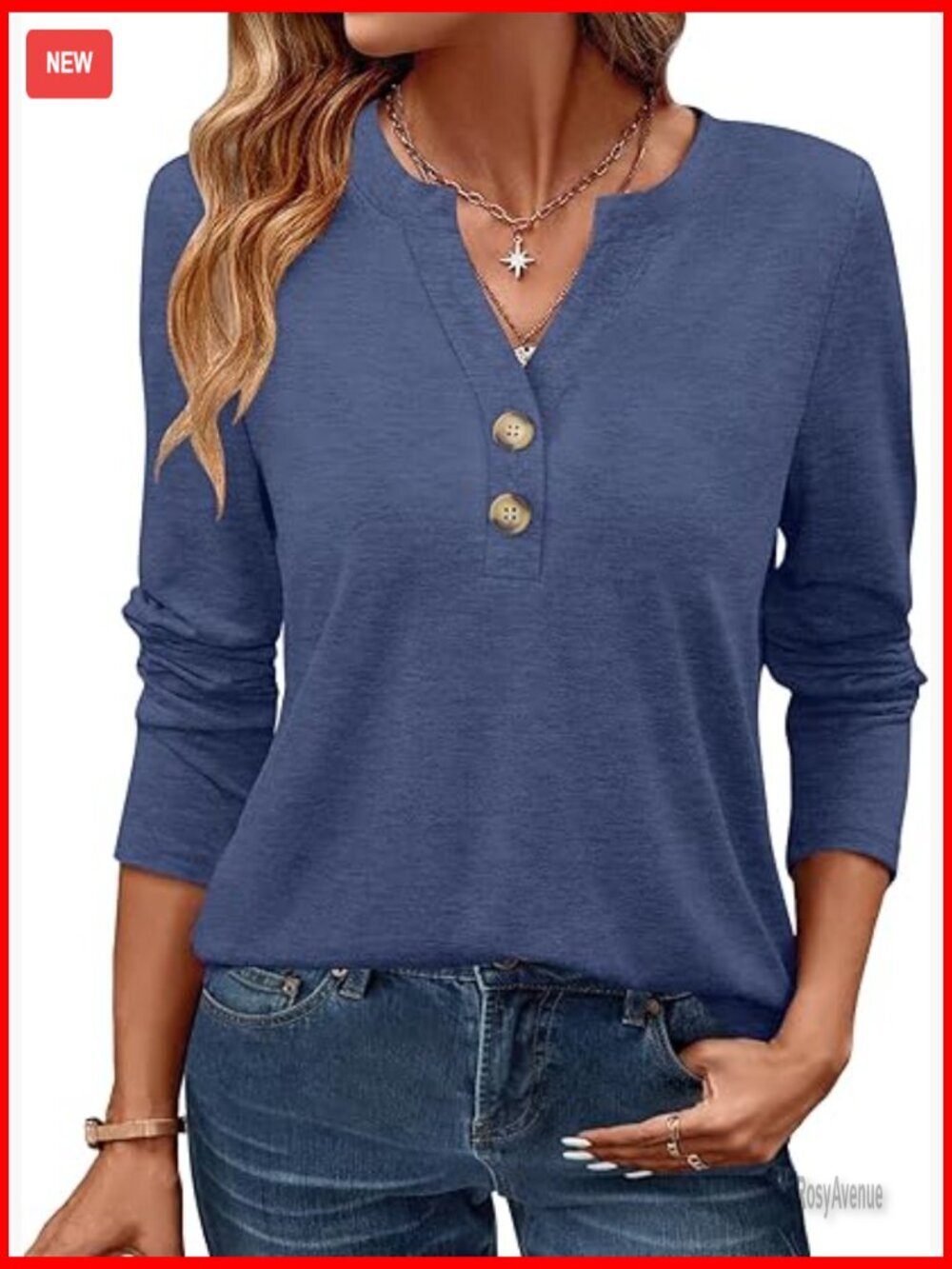 Long Sleeve V Neck Button Tunic Blouse - Relaxed Fit Lightweight Stretch Womens
